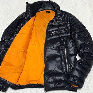 美品/XL相当●ディーゼル【漢の戦闘服】DIESEL ダウンジャケット 肉厚 フード収納 2way ロゴワッペン ブルゾン ブラック オレンジ メンズ