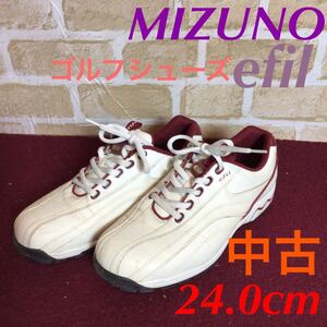 【売り切り!送料無料!】A-190 MIZUNO!efil!24.0cm!ゴルフシューズ!レディース!ホワイト!エンジ色!初心者!予備!中古!