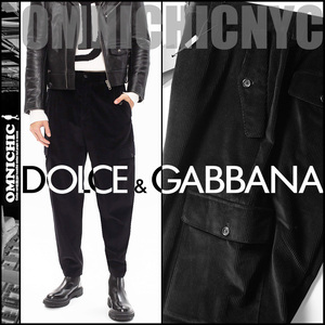 極上の艶纏う■新品15万【DOLCE&GABBANA】マルチポケット伊製コーデュロイ漆黒ブラック贅沢カーゴパンツ48/W87cm/DGドルチェ＆ガッバーナ