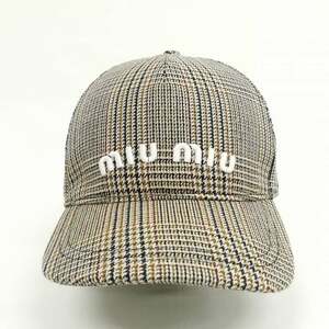 ミュウミュウ miumiu 2023 ロゴ グレンチェック ウール キャップ 帽子 美品 XL ベージュ系 レディース