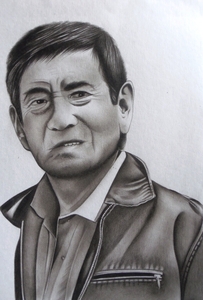 〇鉛筆画・宅配10０サイズ・人物画 俳優 高倉健　 (約250×350) 絵画 中古額縁付