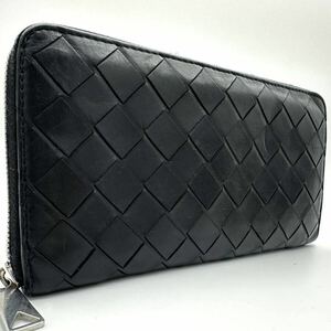 1円/極美品● BOTTEGA VENETA ボッテガヴェネタ 長財布 ラウンドファスナー ジップ イントレチャート マキシ レザー 黒 ブラック メンズ