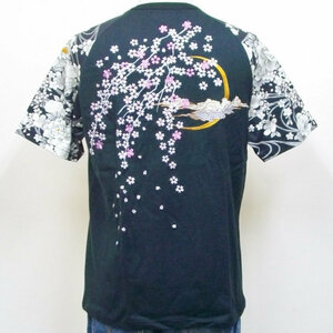 和柄Tシャツ 絡繰魂 からくりだましい ラグラン花尽くし半袖Tシャツ 212069 ブラック M 桜 三日月