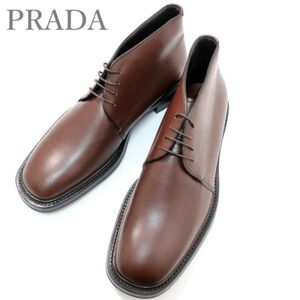 未使用 プラダ PRADA チャッカブーツ/定価十数万/イタリア製 ブラウン 6ハーフ（5071)bbiij