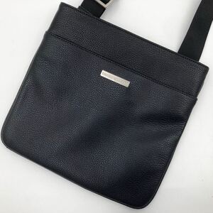 1円 【美品】 EMPORIO ARMANI エンポリオアルマーニ ショルダーバッグ レザー ブラック 斜め掛け ロゴプレート メンズ ビジネス サコッシュ