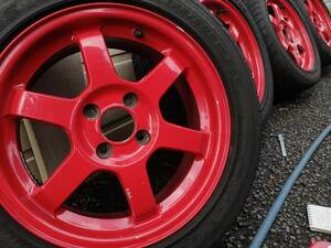 フィット外し RAYS TE37 ソリッドレッド塗装モノ15インチ6.5Jインセットおよそ38　4穴PCD100 、195/50R15タイヤ付4本セット【中古】