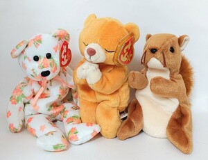 ☆手触り抜群!Ty BEANIE BABIES ビーニーベイビーズ「Nuts (リス) Hannah(クマ) Hope(祈りクマ) 」ぬいぐるみ 人形 3種セット 動物 グッズ