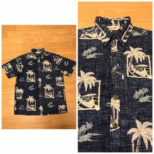 着用少な目.美品☆HAWAII.USA製／PARADISE BAY サイズS大き目 半袖シャツ型アロハ　全面模様入.裏使い生地&ヤシの木.パームツリー総柄 紺