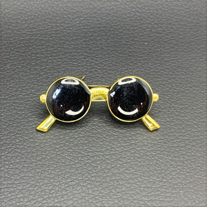 [BROOCH] Black & Gold Round Sun Glasses 金縁 黒メガネ ブラック丸レンズ ゴールド サングラス 4センチ ブローチ 【送料無料】