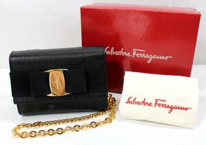 Y5749#◆中古品◆Salvatore Ferragamo サルヴァトーレ・フェラガモ チェーンショルダー クラッチ リザード型押し ブラック