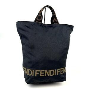 美品■Fendi フェンディ ロゴライン ハンドバッグ FF ナイロンキャンバス ブラック ユニセックス 男女兼用 メンズ レディース ナイロン