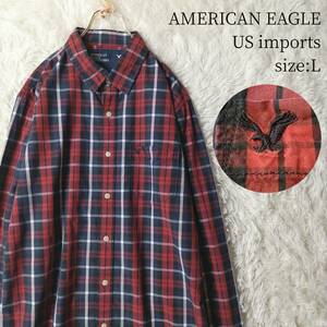 一点物US輸入 AMERICAN EAGLE 長袖シャツ チェック柄 Lサイズ オーバーチェック ダークネイビー ワインレッド 濃紺赤茶 アメリカンイーグル