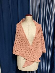 ハンドメイド 大判三角ショール マフラー サーモンピンク handmade woolen crochet scarve shawl multi baby pink 羽織り