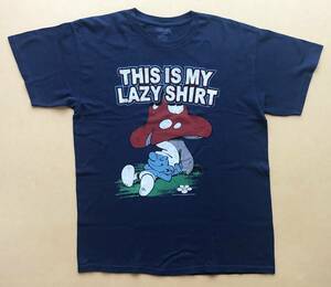 スマーフ THIS IS MY LAZY SHIRT 丸首Tシャツ The SMURFS Lサイズ ネイビー