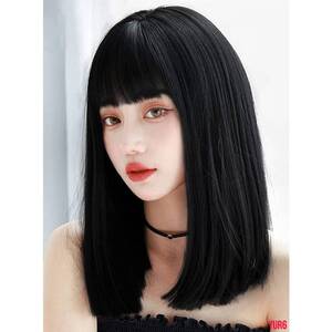 前髪ぱつん ブラックブラウン ストレート セミロング ウィッグ フルウィッグ かつら 耐熱ファイバー ミディアム 普段使い イベント 快適