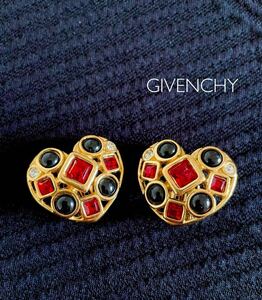 レア＊GIVENCHY ジバンシィ ビジュー カラーストーン ハート イヤリング ゴールドカラー 色石 透かし