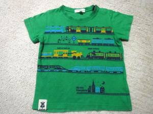 USED☆3can4on サンカンシオン 電車×恐竜 半袖Tシャツ 緑/グリーン 90サイズ