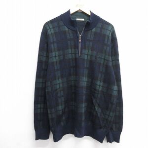 XL/古着 長袖 ハーフジップ セーター メンズ メリノウール 紺他 ネイビー チェック 25jan06 中古 ニット トップス