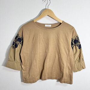 H9351FF UNITED ARROWS ユナイテッドアローズ BEAUTY&YOUTH サイズM位 半袖 Tシャツ カットソー ブラウス 刺繍 ブラウン レディース 日本製