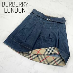 【大きいサイズ】BURBERRY LONDONデニムスカート ロゴ刺繍　44　フレアスカート プリーツスカート　ノバチェック　ベルト付き