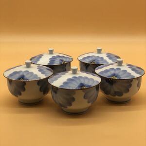 希少　白山陶器 蓋付き 湯呑み 5客セット 染付 波佐見焼 /有田焼　茶器　茶道具　食器　陶磁器　アンティーク　 Y9