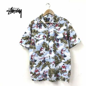 R297-N◆ USA製 old stussy オールドステューシー アロハシャツ 開襟 ゆったり 大きめ スケート◆ sizeL マルトカラー 総柄 コットン100