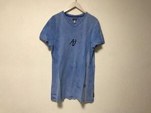 本物アルマーニジーンズARMANI JEANSコットンロゴベロアプリント後染め柄Vネック半袖Tシャツメンズサーフアメカジ青ブルーXLイタリア製