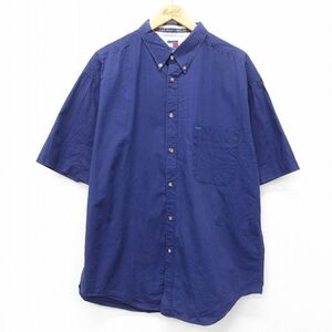 XL/古着 トミーヒルフィガー 半袖 ブランド シャツ メンズ 90s ワンポイントロゴ 大きいサイズ コットン ボタンダウン 紺 ネイビー 24j