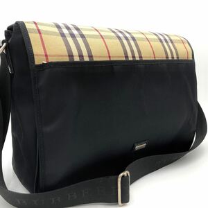 1円 【美品】 BURBERRY バーバリーブラックレーベル ショルダーバッグ メッセンジャー ビジネス ノバチェック ナイロン レザー A4 メンズ