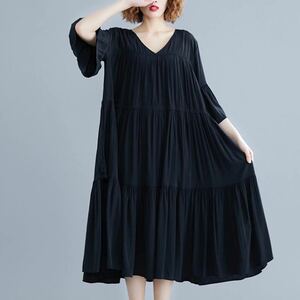 レディース ロングワンピース 夏 ゆったり Vネック 大きいサイズ 可愛い 無地 シンプル LWDA128(フリー）