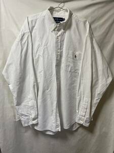 90s ラルフローレン ビッグシャツ RALPH LAUREN BIG SHIRT長袖BDシャツ ポケ付き ポニー ホワイト 白 ビッグシルエット XL ビンテージ