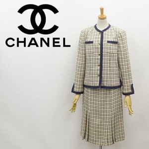 ヴィンテージ◆CHANEL シャネル チェック柄 裾裏チェーン ツイード ココボタン ノーカラー ジャケット＆スカート スーツ セットアップ 38