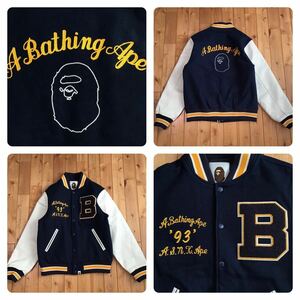 ★XL★ 袖レザー BAPE LOGO スタジャン ネイビー a bathing ape leather varsity jacket エイプ ベイプ アベイシングエイプ cz0