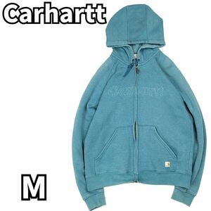 【クラシックスタイル】　Carhartt カーハート　ジップアップパーカー フーディー ロゴ刺繍 裏起毛 キャンプ 登山 フロントロゴ　青　M