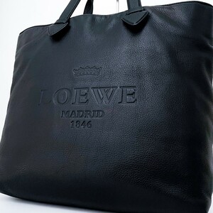 1円■未使用級■超希少デザイン■LOEWE ロエベ ロゴ型押し トートバッグ ビジネス ブリーフケース 大容量 A4可 メンズ レザー ブラック 黒