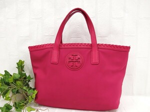 TORY BURCH トリーバーチ◆ナイロン カーフ レザー 本革◆ハンド バッグ◆マゼンダピンク G金具◆超美品◆ロゴ型抜き◆腕掛け◆N9038