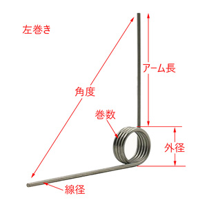 線径 0.6mm 外径 7.5mm 巻数 3 角度 180度 左巻き ステンレス鋼 トーションばね 5個入