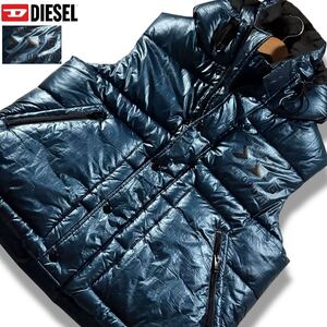 極美品/XLサイズ相当●現行タグ DIESEL ディーゼル ダウンベスト ジャケット アウター 光沢感 メタリック ドッキング 胸元ロゴ 肉厚 洗濯可