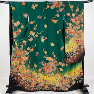 振袖 身丈163.5cm 裄丈67.5cm L 袷 蝶 草花 染め分け ぼかし 緑 正絹 名品 【中古】