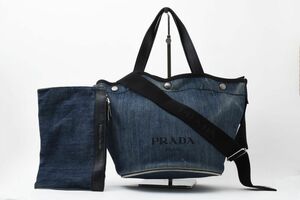 1円 PRADA　プラダ　デニム　レザー　2WAYハンドバッグ　スト付　トートバッグ　ショルダーバッグ　ロゴ　ポーチ付　1BG244 24-3590