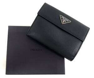 T004 美品 PRADA プラダ 三角ロゴ サフィアーノ ウォレット 財布 カード収納 シルバー金具 ブラック