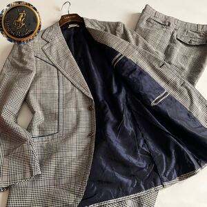 【個性派/希少モデル/2XL相当】Brioni ブリオーニ グレンチェック ツイード調 デザイン釦 裏地ロゴ総柄ネイビー セットアップ スーツ 52