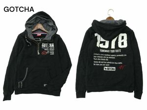 GOTCHA ガッチャ 通年 フード レイヤード風★ ロゴ刺繍 スウェット ハーフジップ パーカー Sz.S　メンズ 黒 サーフ　A4T02446_3#O