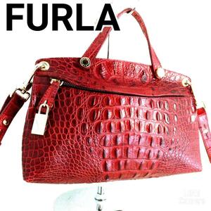 美品希少 フルラFURLAパイパーミニハンドバッグショルダーバッグ Furla Piper2wayレッド赤レザー本革クロコ型押し