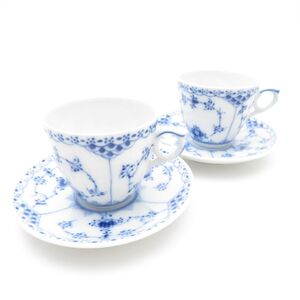 美品 ROYAL COPENHAGEN ロイヤルコペンハーゲン ブルーフルーテッド ハーフレース 719 コーヒーカップ＆ソーサー 2客 ペア 珈琲 SU10402X1