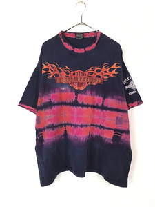 古着 90s USA製 HARLEY DAVIDSON シールド&バー ファイヤー ウィング タイダイ ライン Tシャツ XXL 古着