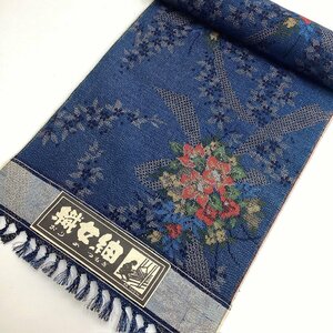 【ちどりや】未使用品 美品 正絹紬 越後紬 織女紬 着尺反物 花束モチーフ 藍色 ラベル付 B92