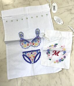 e340★ ベトナム 刺繍 エンブロイダリー 巾着 ランドリーバッグ ランジェリー入れ スワトー 白 花柄 フラワー刺繍 イニシャルM コットン