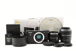 Nikon 1 J2 ブラック 1015万画素 + VR 10-30mm/30-110mm ダブルズームキット [美品] 元箱 レンズフード CD-ROM バッテリー 充電器付き