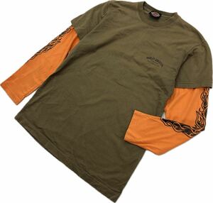 Harley Davidson ☆ 重ね着風◎ レイヤード 長袖 Tシャツ ドラゴン プリント ブラウン オレンジ バイカー M ハーレーダビッドソン■BK117